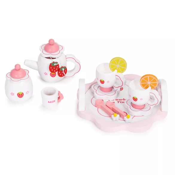 Játék teáskészlet, ECOTOYS HM260872, fa, 14 db, tálcával, csészékkel és kancsóval, epres minta, 3 éves kortól