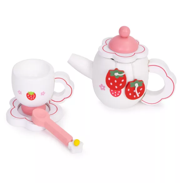 Játék teáskészlet, ECOTOYS HM260872, fa, 14 db, tálcával, csészékkel és kancsóval, epres minta, 3 éves kortól