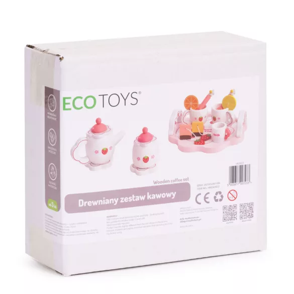 Játék teáskészlet, ECOTOYS HM260872, fa, 14 db, tálcával, csészékkel és kancsóval, epres minta, 3 éves kortól