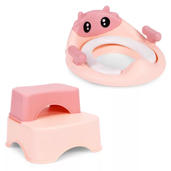 Gyerek WC-ülőke, ECOTOYS HA-P17-18-PK, rózsaszín, lépcsős fellépővel, csúszásmentes, állítható, párnázott ülőke, univerzális, műanyag