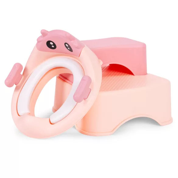 Gyerek WC-ülőke, ECOTOYS HA-P17-18-PK, rózsaszín, lépcsős fellépővel, csúszásmentes, állítható, párnázott ülőke, univerzális, műanyag