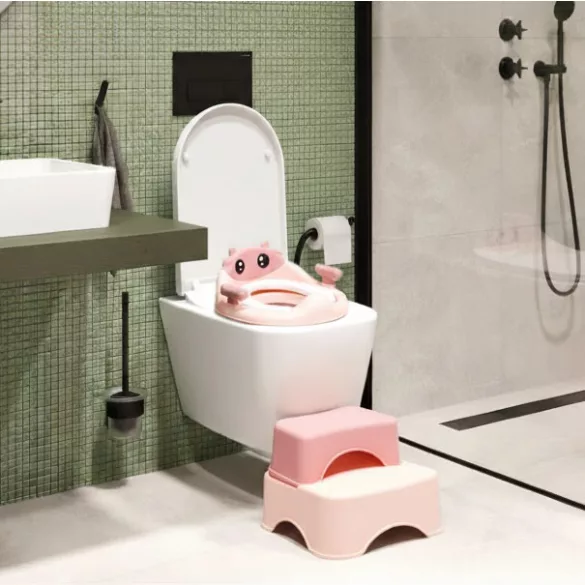 Gyerek WC-ülőke, ECOTOYS HA-P17-18-PK, rózsaszín, lépcsős fellépővel, csúszásmentes, állítható, párnázott ülőke, univerzális, műanyag