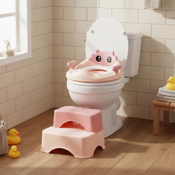 Gyerek WC-ülőke, ECOTOYS HA-P17-18-PK, rózsaszín, lépcsős fellépővel, csúszásmentes, állítható, párnázott ülőke, univerzális, műanyag