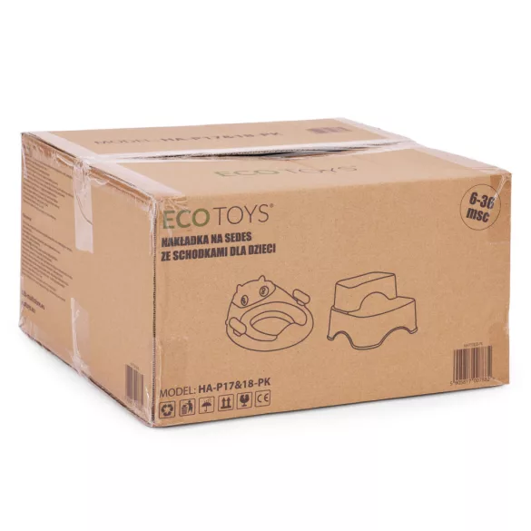 Gyerek WC-ülőke, ECOTOYS HA-P17-18-PK, rózsaszín, lépcsős fellépővel, csúszásmentes, állítható, párnázott ülőke, univerzális, műanyag