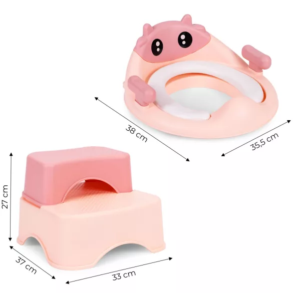 Gyerek WC-ülőke, ECOTOYS HA-P17-18-PK, rózsaszín, lépcsős fellépővel, csúszásmentes, állítható, párnázott ülőke, univerzális, műanyag