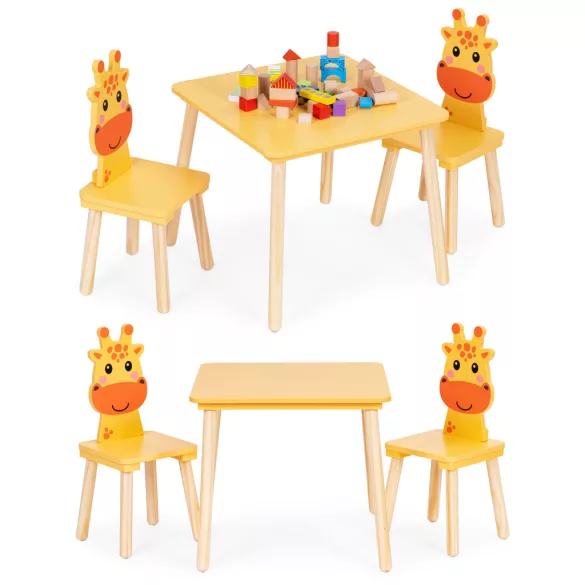 Gyerek asztal és szék szett, ECOTOYS 6162, 1 db asztal + 2 db szék, fa és MDF, zsiráf háttámla, lekerekített élek