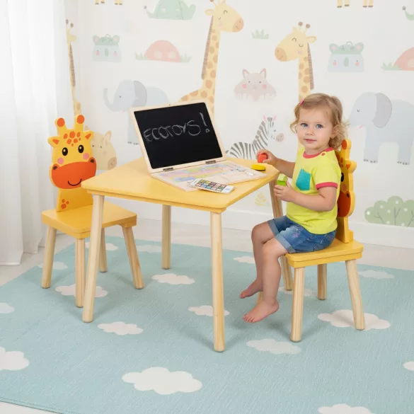 Gyerek asztal és szék szett, ECOTOYS 6162, 1 db asztal + 2 db szék, fa és MDF, zsiráf háttámla, lekerekített élek