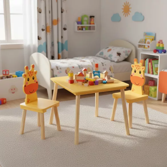Gyerek asztal és szék szett, ECOTOYS 6162, 1 db asztal + 2 db szék, fa és MDF, zsiráf háttámla, lekerekített élek