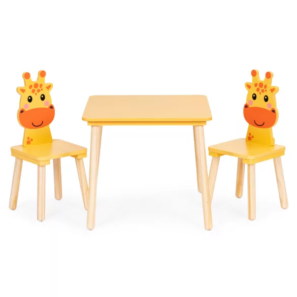 Gyerek asztal és szék szett, ECOTOYS 6162, 1 db asztal + 2 db szék, fa és MDF, zsiráf háttámla, lekerekített élek