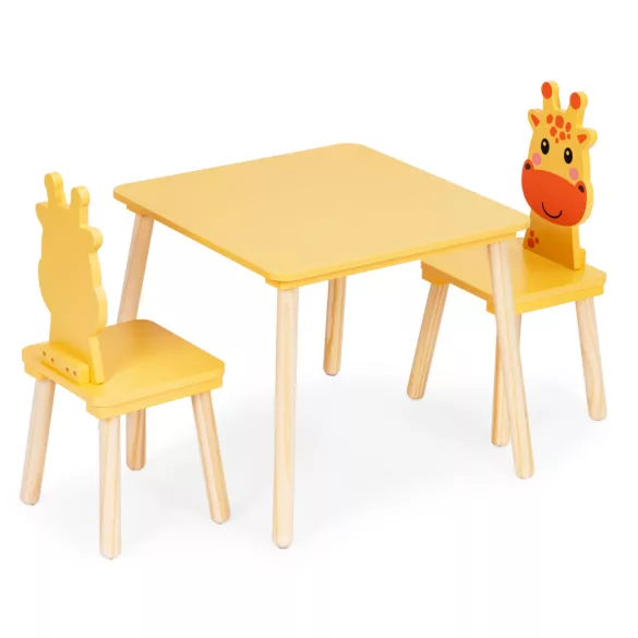 Gyerek asztal és szék szett, ECOTOYS 6162, 1 db asztal + 2 db szék, fa és MDF, zsiráf háttámla, lekerekített élek