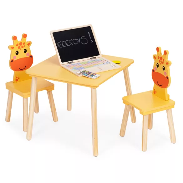 Gyerek asztal és szék szett, ECOTOYS 6162, 1 db asztal + 2 db szék, fa és MDF, zsiráf háttámla, lekerekített élek