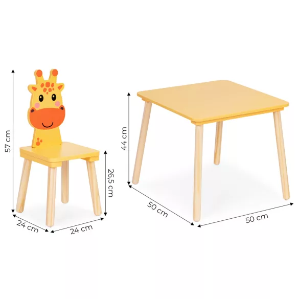 Gyerek asztal és szék szett, ECOTOYS 6162, 1 db asztal + 2 db szék, fa és MDF, zsiráf háttámla, lekerekített élek