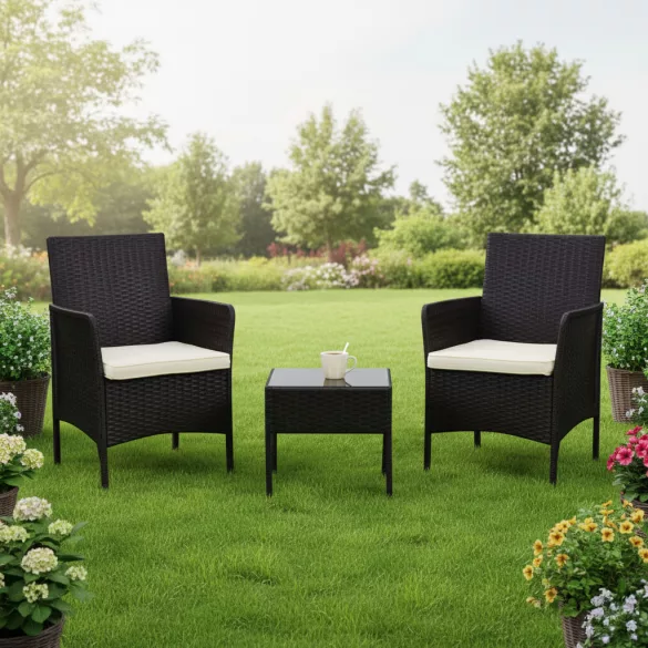 Kerti bútorszett, MultiGarden DN602-1-3, fekete, rattan hatású, időjárásálló, 3 részes, asztal: 41,5 x 41,5 cm, 2 fotel, edzett üveg asztallap, párnákkal