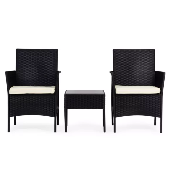 Kerti bútorszett, MultiGarden DN602-1-3, fekete, rattan hatású, időjárásálló, 3 részes, asztal: 41,5 x 41,5 cm, 2 fotel, edzett üveg asztallap, párnákkal