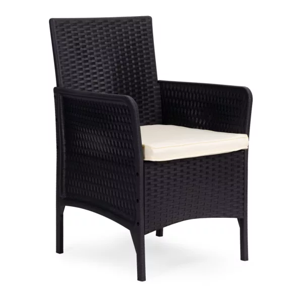 Kerti bútorszett, MultiGarden DN602-1-3, fekete, rattan hatású, időjárásálló, 3 részes, asztal: 41,5 x 41,5 cm, 2 fotel, edzett üveg asztallap, párnákkal