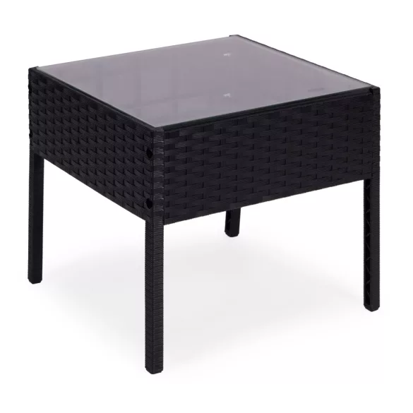 Kerti bútorszett, MultiGarden DN602-1-3, fekete, rattan hatású, időjárásálló, 3 részes, asztal: 41,5 x 41,5 cm, 2 fotel, edzett üveg asztallap, párnákkal