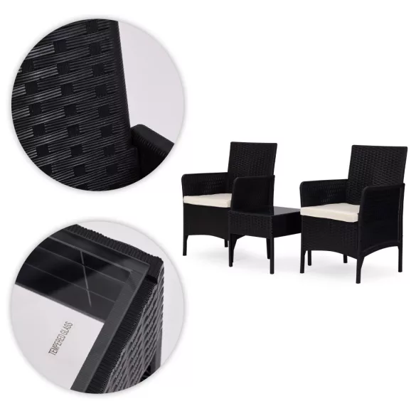 Kerti bútorszett, MultiGarden DN602-1-3, fekete, rattan hatású, időjárásálló, 3 részes, asztal: 41,5 x 41,5 cm, 2 fotel, edzett üveg asztallap, párnákkal