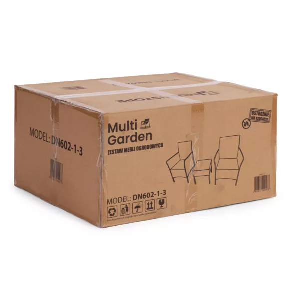 Kerti bútorszett, MultiGarden DN602-1-3, fekete, rattan hatású, időjárásálló, 3 részes, asztal: 41,5 x 41,5 cm, 2 fotel, edzett üveg asztallap, párnákkal
