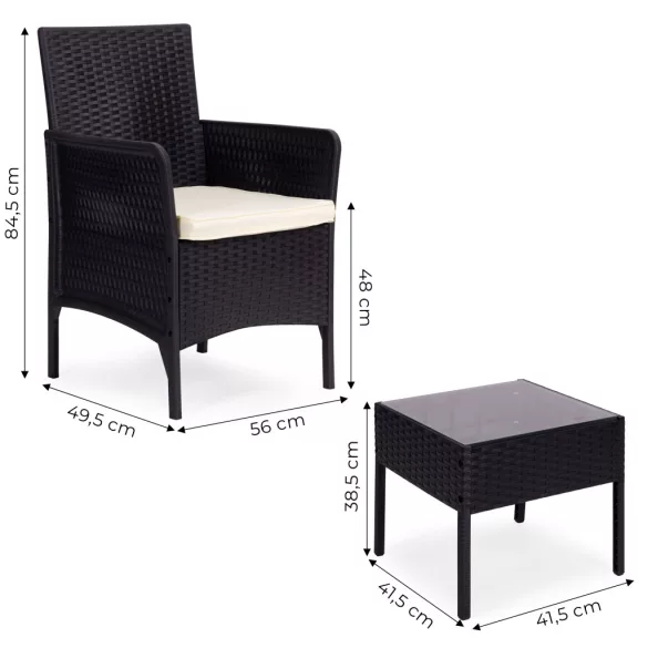 Kerti bútorszett, MultiGarden DN602-1-3, fekete, rattan hatású, időjárásálló, 3 részes, asztal: 41,5 x 41,5 cm, 2 fotel, edzett üveg asztallap, párnákkal
