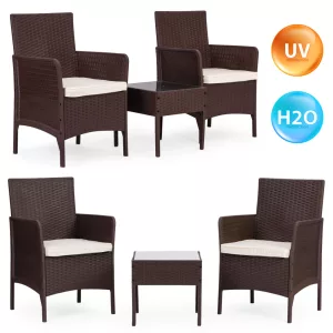 Kerti bútorszett, MultiGarden DN602-2-3, barna, rattan hatású, időjárásálló, 3 részes, asztal: 41,5 x 41,5 cm, 2 fotel, edzett üveg asztallap, párnákkal