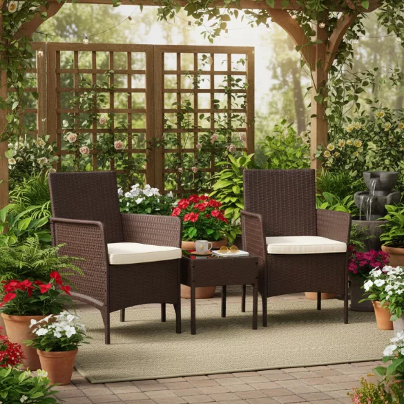 Kerti bútorszett, MultiGarden DN602-2-3, barna, rattan hatású, időjárásálló, 3 részes, asztal: 41,5 x 41,5 cm, 2 fotel, edzett üveg asztallap, párnákkal