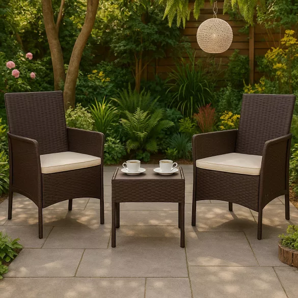 Kerti bútorszett, MultiGarden DN602-2-3, barna, rattan hatású, időjárásálló, 3 részes, asztal: 41,5 x 41,5 cm, 2 fotel, edzett üveg asztallap, párnákkal