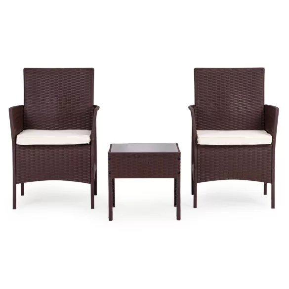Kerti bútorszett, MultiGarden DN602-2-3, barna, rattan hatású, időjárásálló, 3 részes, asztal: 41,5 x 41,5 cm, 2 fotel, edzett üveg asztallap, párnákkal