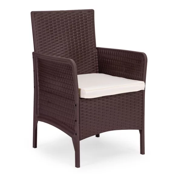 Kerti bútorszett, MultiGarden DN602-2-3, barna, rattan hatású, időjárásálló, 3 részes, asztal: 41,5 x 41,5 cm, 2 fotel, edzett üveg asztallap, párnákkal