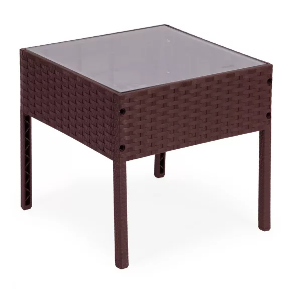 Kerti bútorszett, MultiGarden DN602-2-3, barna, rattan hatású, időjárásálló, 3 részes, asztal: 41,5 x 41,5 cm, 2 fotel, edzett üveg asztallap, párnákkal