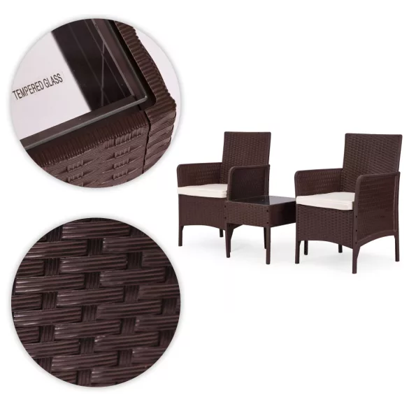 Kerti bútorszett, MultiGarden DN602-2-3, barna, rattan hatású, időjárásálló, 3 részes, asztal: 41,5 x 41,5 cm, 2 fotel, edzett üveg asztallap, párnákkal
