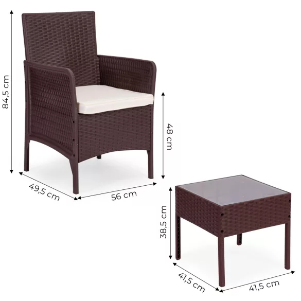 Kerti bútorszett, MultiGarden DN602-2-3, barna, rattan hatású, időjárásálló, 3 részes, asztal: 41,5 x 41,5 cm, 2 fotel, edzett üveg asztallap, párnákkal