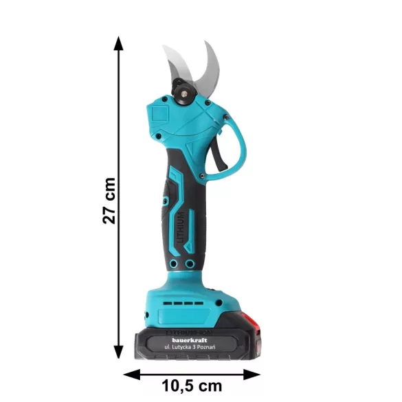 Akkumulátoros metszőolló, Bauerkraft H-605, kék, 2 x 21 V 1,5 Ah Li-Ion, 600 W, maximum 30 mm vastagságig, kétfokozatú vágás, biztonsági zár, koffer és tartozékok, akkumulátorral és töltővel
