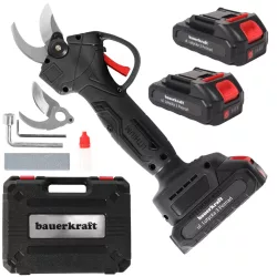   Akkumulátoros metszőolló, Bauerkraft H-604, fekete, 2 x 21 V 1,5 Ah Li-Ion, 600 W, maximum 30 mm vastagságig, kétfokozatú vágás, biztonsági zár, koffer és tartozékok, akkumulátorral és töltővel