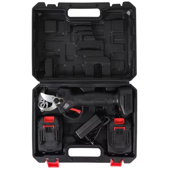 Akkumulátoros metszőolló, Bauerkraft H-604, fekete, 2 x 21 V 1,5 Ah Li-Ion, 600 W, maximum 30 mm vastagságig, kétfokozatú vágás, biztonsági zár, koffer és tartozékok, akkumulátorral és töltővel