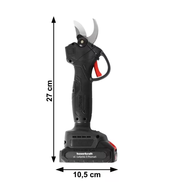Akkumulátoros metszőolló, Bauerkraft H-604, fekete, 2 x 21 V 1,5 Ah Li-Ion, 600 W, maximum 30 mm vastagságig, kétfokozatú vágás, biztonsági zár, koffer és tartozékok, akkumulátorral és töltővel