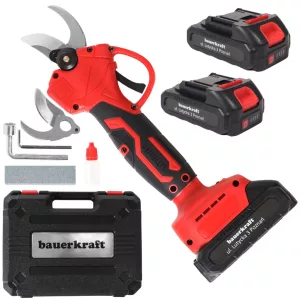 Akkumulátoros metszőolló, Bauerkraft H-601, piros, 2 x 21 V 1,5 Ah Li-Ion, 600 W, maximum 30 mm vastagságig, kétfokozatú vágás, biztonsági zár, koffer és tartozékok, akkumulátorral és töltővel