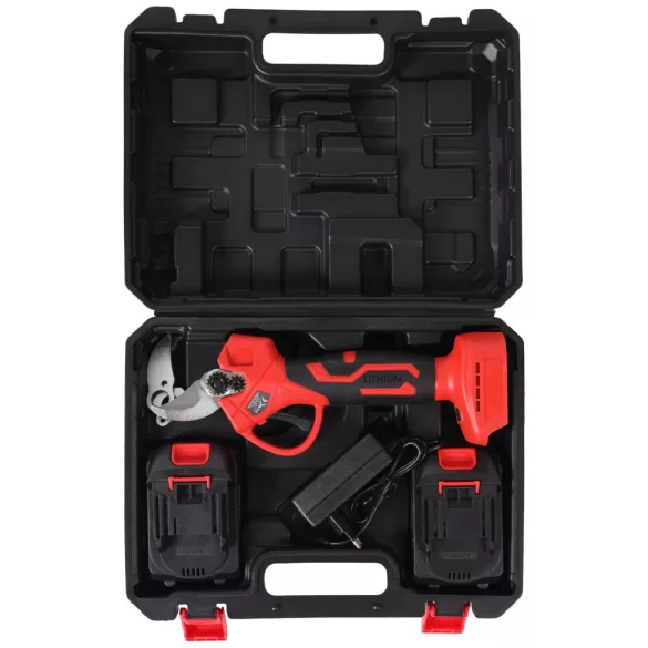 Akkumulátoros metszőolló, Bauerkraft H-601, piros, 2 x 21 V 1,5 Ah Li-Ion, 600 W, maximum 30 mm vastagságig, kétfokozatú vágás, biztonsági zár, koffer és tartozékok, akkumulátorral és töltővel