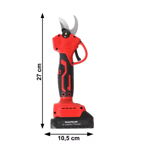 Akkumulátoros metszőolló, Bauerkraft H-601, piros, 2 x 21 V 1,5 Ah Li-Ion, 600 W, maximum 30 mm vastagságig, kétfokozatú vágás, biztonsági zár, koffer és tartozékok, akkumulátorral és töltővel
