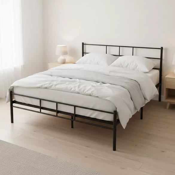 Fém ágykeret, ModernHome DNYSF165B, 160 x 200 cm, fekete, fém, beépített léces ágyrács, fejtámla, 200 kg teherbírás