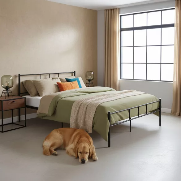 Fém ágykeret, ModernHome DNYSF165B, 160 x 200 cm, fekete, fém, beépített léces ágyrács, fejtámla, 200 kg teherbírás