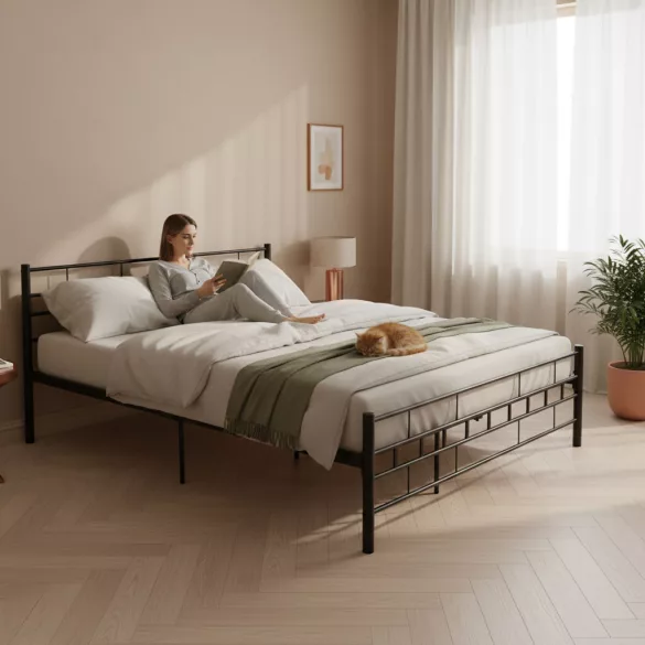 Fém ágykeret, ModernHome DNYSF404A, 140 x 200 cm, fekete, fém, beépített léces ágyrács, fejtámla, 200 kg teherbírás