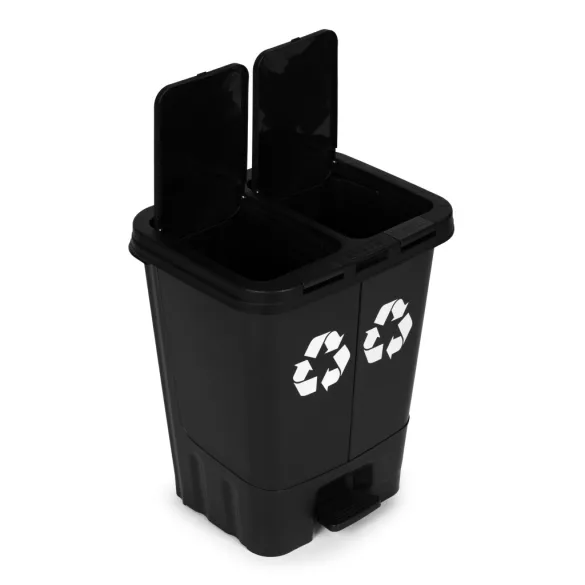 Szemeteskuka, Multistore MO-40C-1-K, 40 l, fekete, 43 x 50 x 34 cm, pedálos és kézi nyitógombos, kivehető belső vödrökkel, UV-álló, HDPE műanyag, két rekeszes