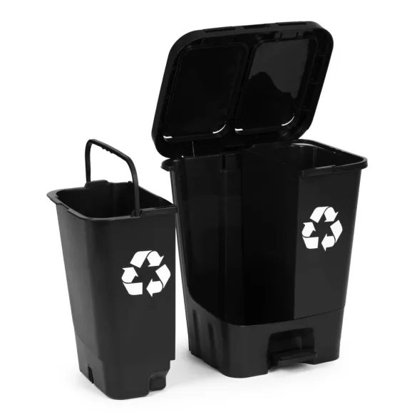 Szemeteskuka, Multistore MO-40C-1-K, 40 l, fekete, 43 x 50 x 34 cm, pedálos és kézi nyitógombos, kivehető belső vödrökkel, UV-álló, HDPE műanyag, két rekeszes