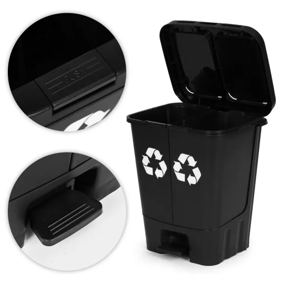 Szemeteskuka, Multistore MO-40C-1-K, 40 l, fekete, 43 x 50 x 34 cm, pedálos és kézi nyitógombos, kivehető belső vödrökkel, UV-álló, HDPE műanyag, két rekeszes