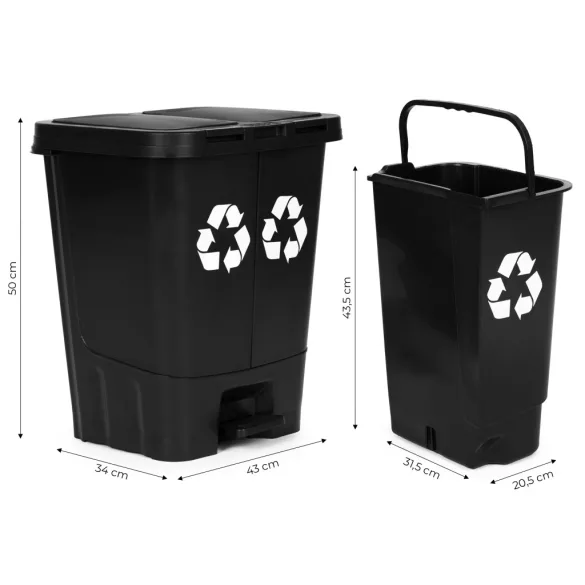 Szemeteskuka, Multistore MO-40C-1-K, 40 l, fekete, 43 x 50 x 34 cm, pedálos és kézi nyitógombos, kivehető belső vödrökkel, UV-álló, HDPE műanyag, két rekeszes