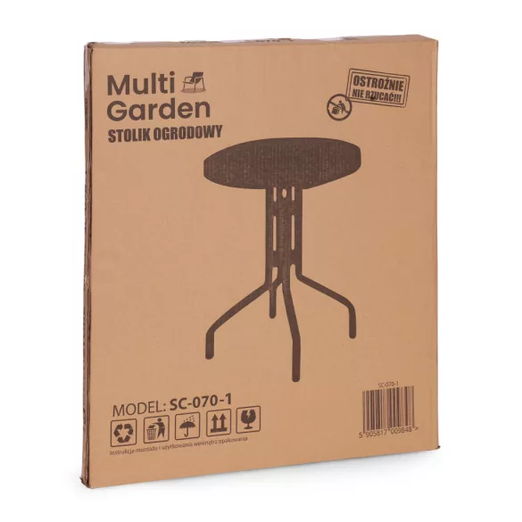 Kerti asztal, MultiGarden SC-070-1, fekete, kerek, átmérő: 60 cm, magasság: 71,5 cm, edzett üveglap, porszórt acél váz, teherbírás: 60 kg