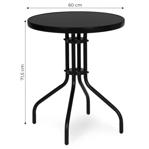 Kerti asztal, MultiGarden SC-070-1, fekete, kerek, átmérő: 60 cm, magasság: 71,5 cm, edzett üveglap, porszórt acél váz, teherbírás: 60 kg