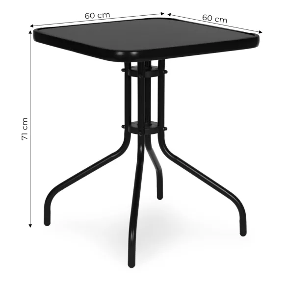 Kerti asztal, MultiGarden SC-073-1, fekete, 60 x 60 cm, magasság: 71 cm, edzett üveglap, porszórt acél váz, teherbírás: 60 kg