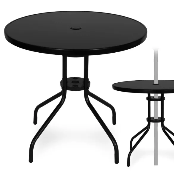 Kerti asztal, MultiGarden SC-072-1, fekete, kerek, átmérő: 80 cm, magasság: 71,5 cm, edzett üveglap, porszórt acél váz, napernyőnyílás (4,5 cm), teherbírás: 60 kg