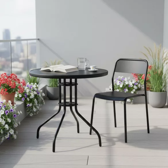 Kerti asztal, MultiGarden SC-072-1, fekete, kerek, átmérő: 80 cm, magasság: 71,5 cm, edzett üveglap, porszórt acél váz, napernyőnyílás (4,5 cm), teherbírás: 60 kg